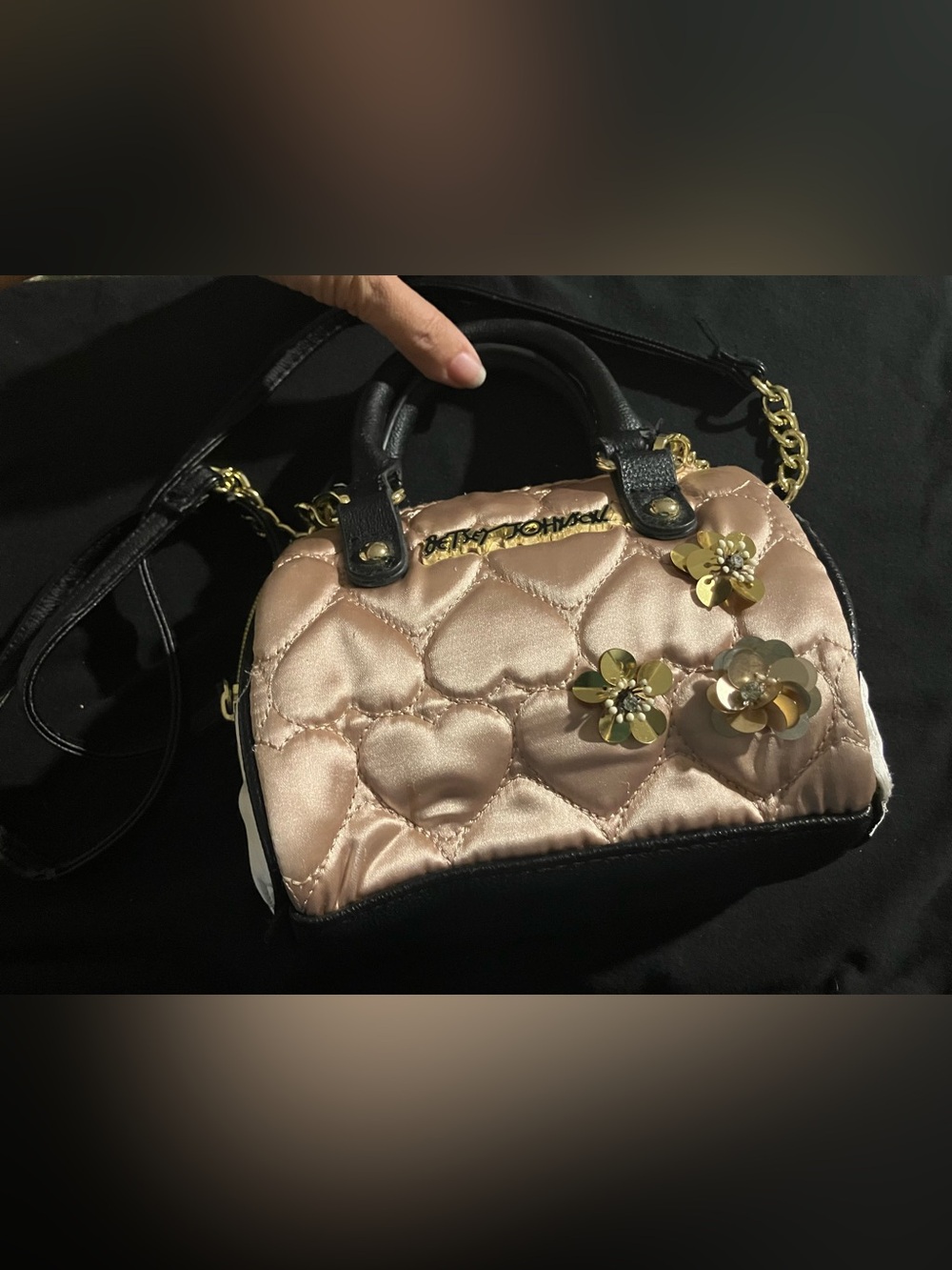 Betsey Johnson Blush Pink Quilted Mini Satchel with Gold Floral Accents
